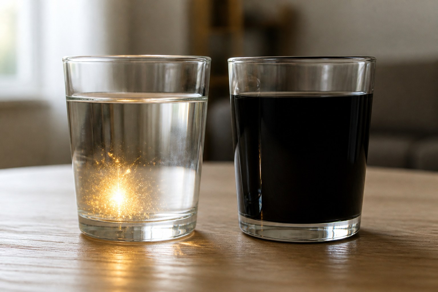 Two glasses on a wooden table — one filled with clear water and a golden spark, the other filled with opaque black liquid