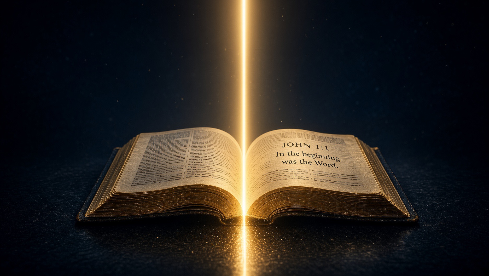 Open Bible to John 1:1 — In the beginning was the Word — with gold light from the spine